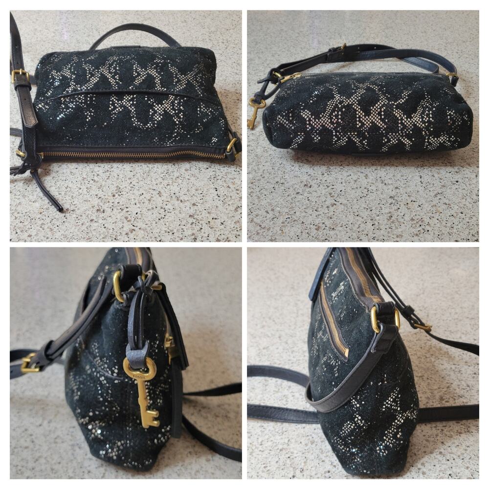 FOSSIL Fiona Leather Suede Silver Metallic Snakeskin Small Crossbody Adjustable - Picture 8 of 12